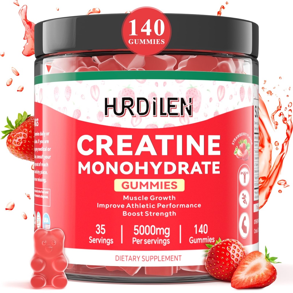 140 Graaf Creatine Monohydraat Gummies, 5000mg Creatine Monohydraat Geen Suiker Gummies voor vrouwen en mannen met L-Taurine, Vitamine B12 voor spierkracht, spierherstel, Glute Builder, Energie Boost