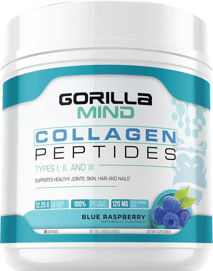 Gorilla Mind Collageen Peptides Powder - Gezamenlijke & Bone Health/Great for Hair, Skin & Nails/Sleep Support/Types I, II, III/Mix in Water, Juice or a Smoothie - 435g (Blauwe Raspberry)