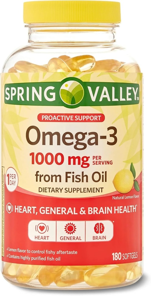 Spring Valley Omega-3 1000 mg van Fish Oil, Heart, Brain Health, Lemon,180 Softgels