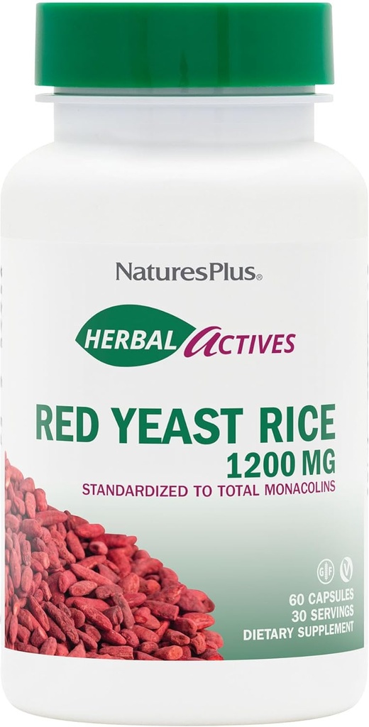 NaturesPlus Herbal Actives Red Gist Rice 1200 mg - 60 capsules - Non-GMO, Veganist, Glutenvrij - 30 porties