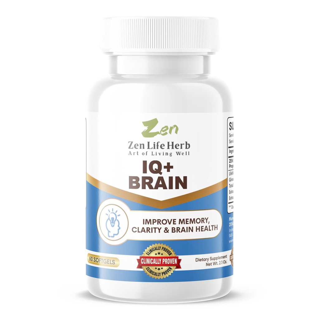 ZEN LIFE HERB IQ+ Hersenen - Cafeïnevrije, klinisch geteste focus, concentratie, geheugen en energie, natuurlijk plantaardig kruidensupplement, geen toegevoegde vitaminen/mineralen/moesjes/suiker (60 softgels)