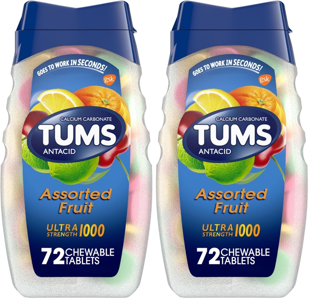 TUMS Antacida kauwtabletten voor brandend maagzuur, ultra sterkte, diverse vruchten, 72 tabletten (verpakking van 2)