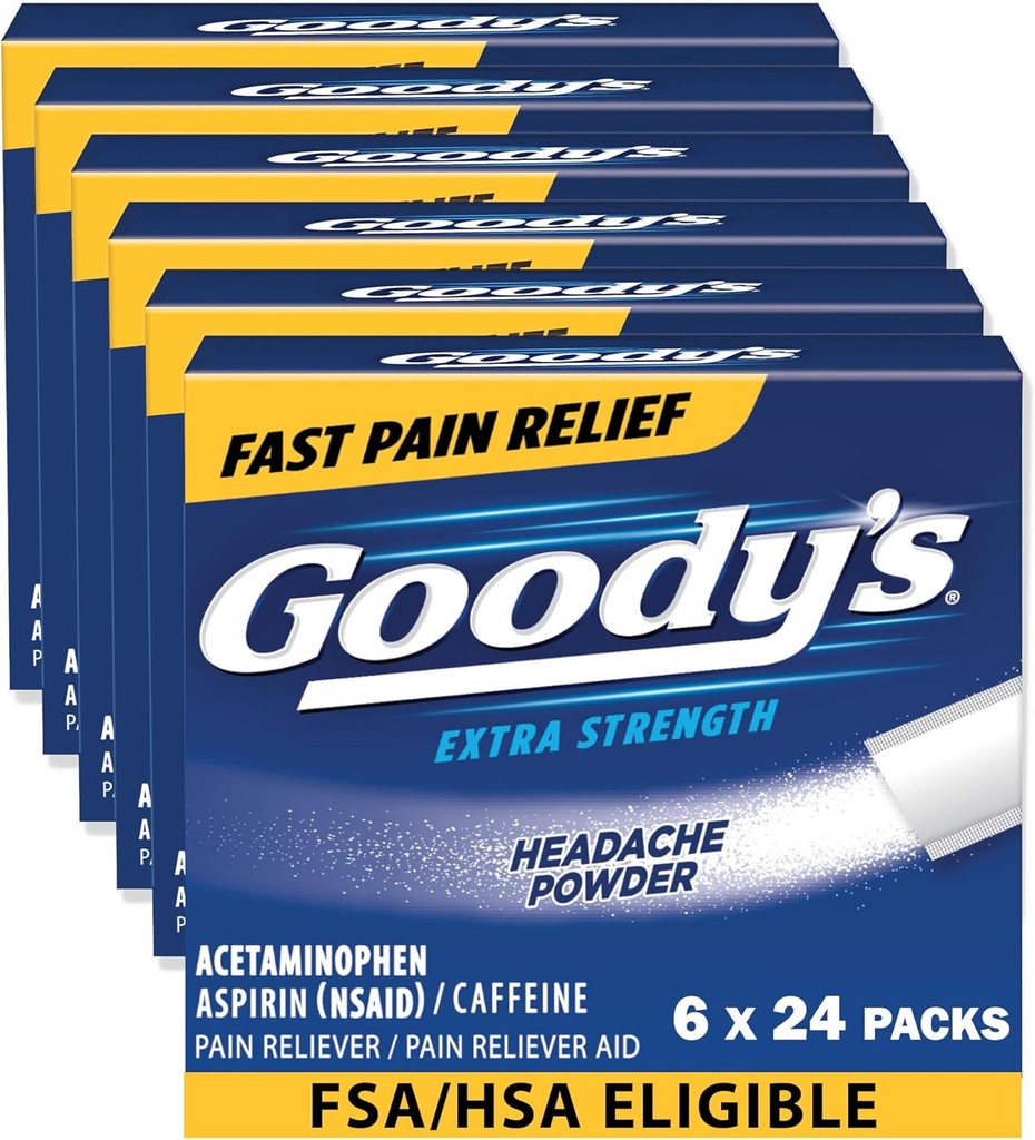 Goody’s Headache Powder Extra Strength Pain Relief, Triple Action Headache Relief with Aspirin, Acetaminophen & Caffeine, 24 Count, Pack of 6