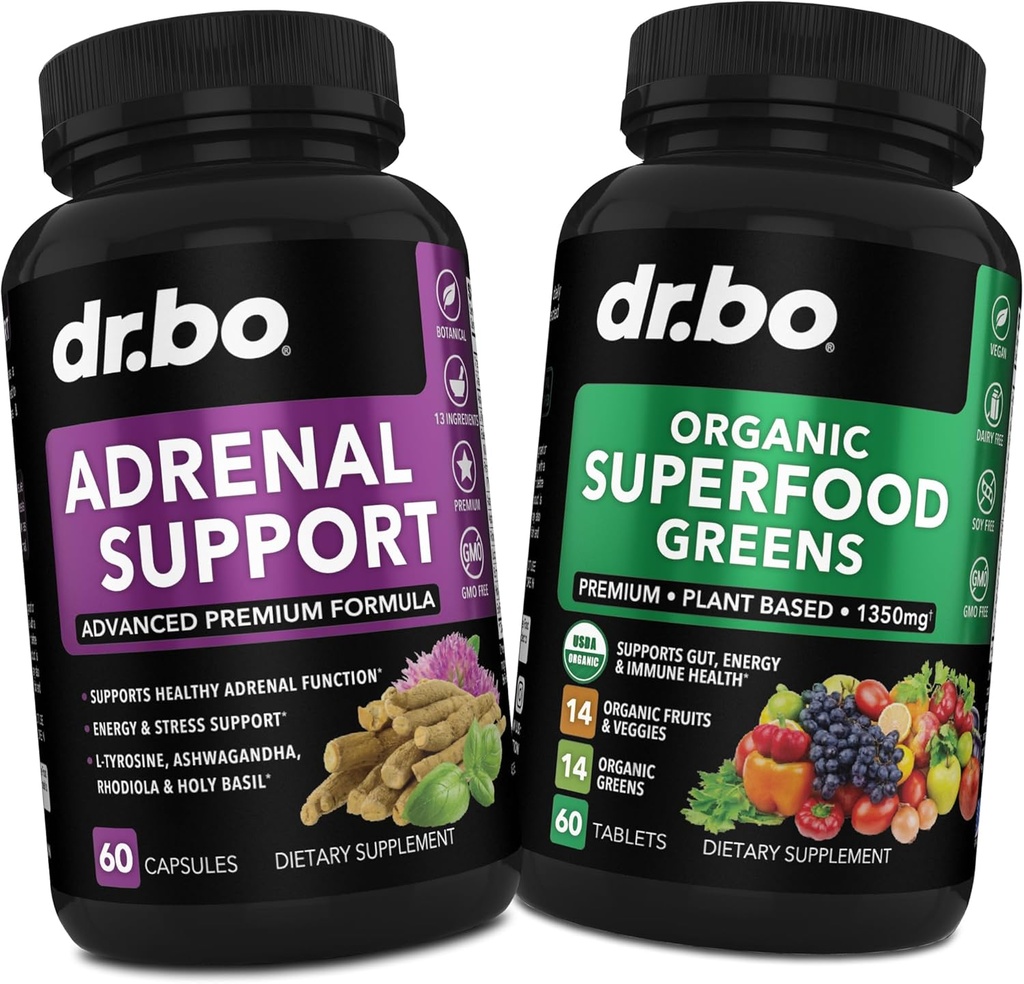 Adrenal Support & Organic Superfood Greens & Fruit supplementen - Dagelijkse energie Super Food Fruit en groenten supplement tabletten Plus plantaardige voeding