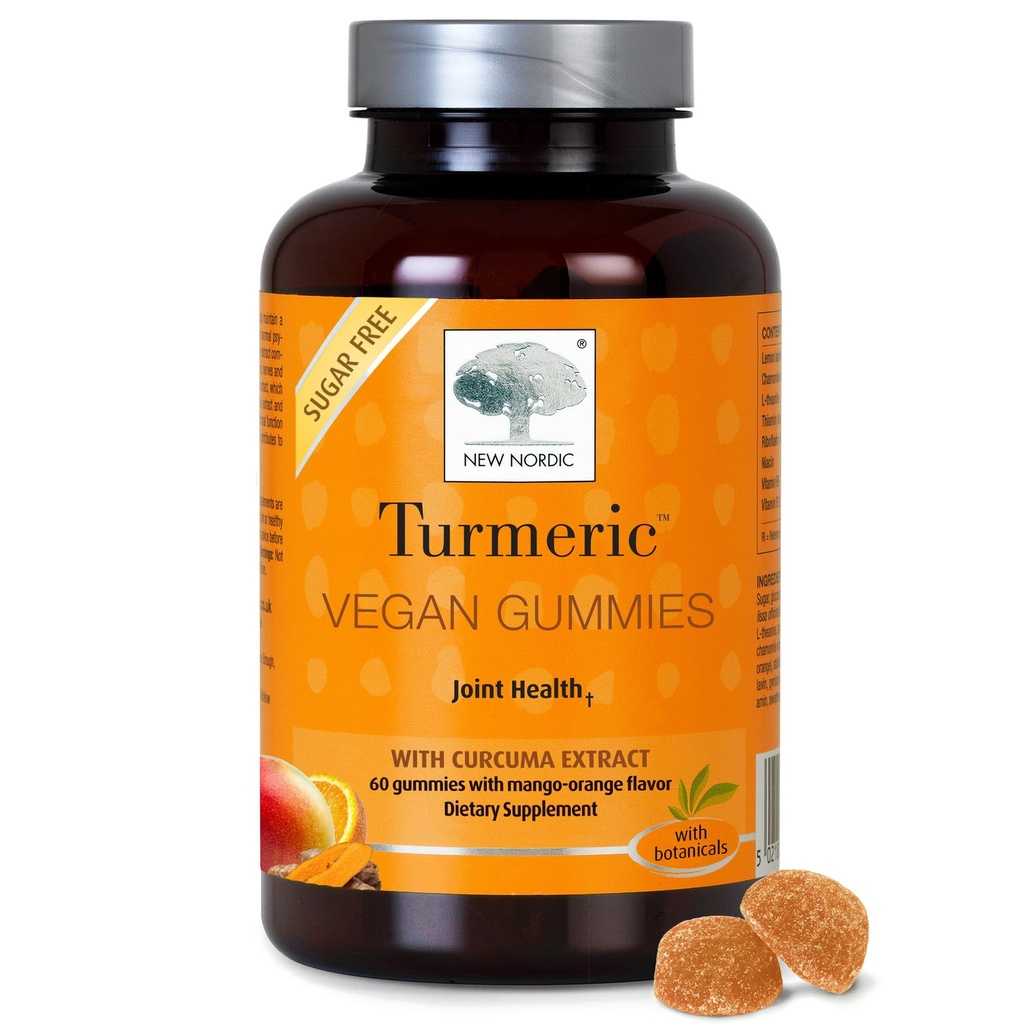 NEW NORDIC Curcumine curcuma, sans sucre, 300 mg de supplément curcuma pour les hommes et les femmes, soutient normalement les articulations, les genoux, les épaules, la mangue orange, 60 comte