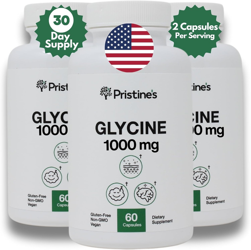 PRISTINE'S Glycine 1000MG Aminozuur supplement Slaapondersteuning Capsules (3-pack) - 90 dagen levering - spierherstel, niergezondheid & collageen vorming productie ondersteuning