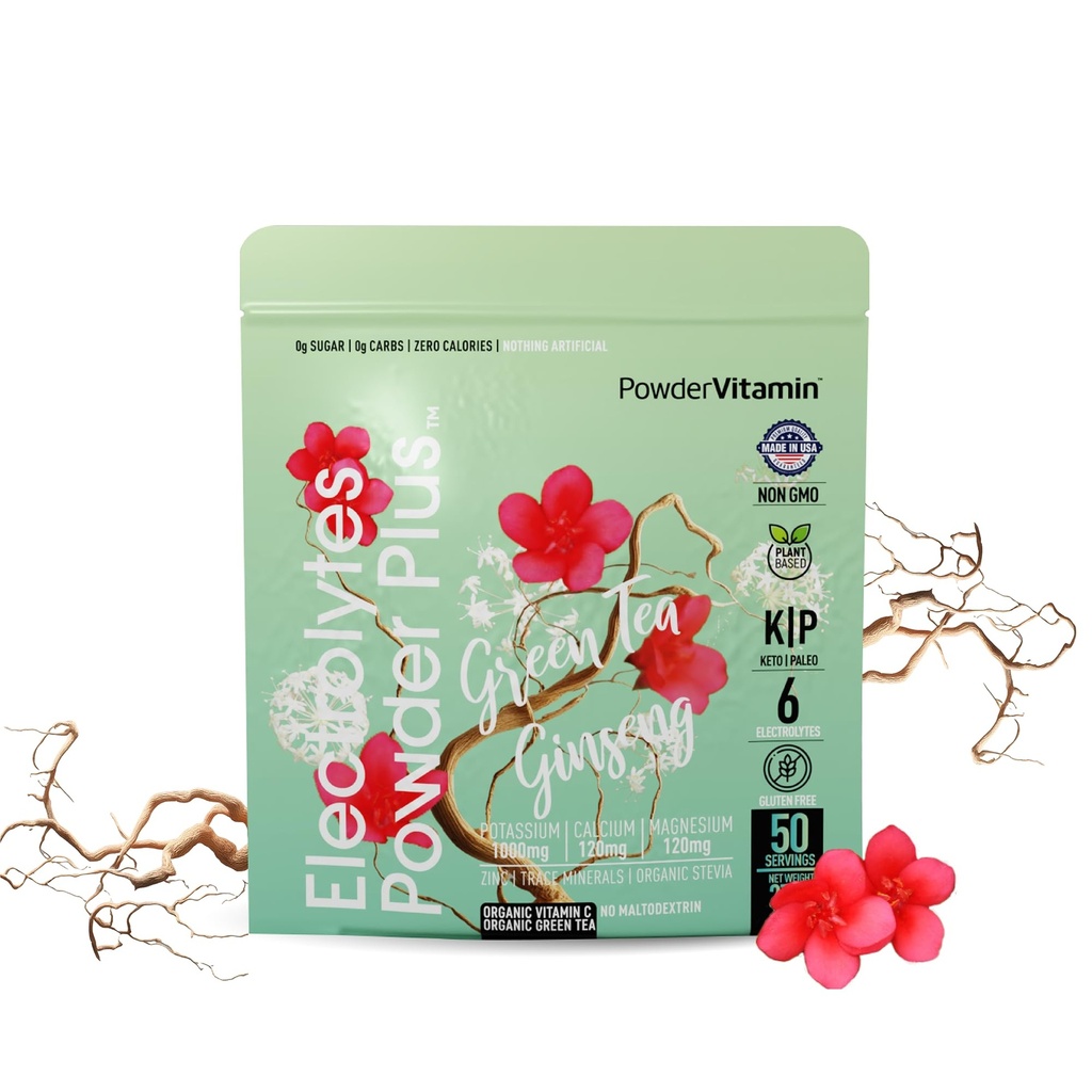 PoederVitamine Elektrolyten Poeder Plus (50 porties) Groene thee Ginseng Electrolyte Poeder Keto, Suikervrij, Roze Himalaya Zout, 1000mg Kalium,120mg Calcium,120mg Magnesium, Hydratatiepoeder