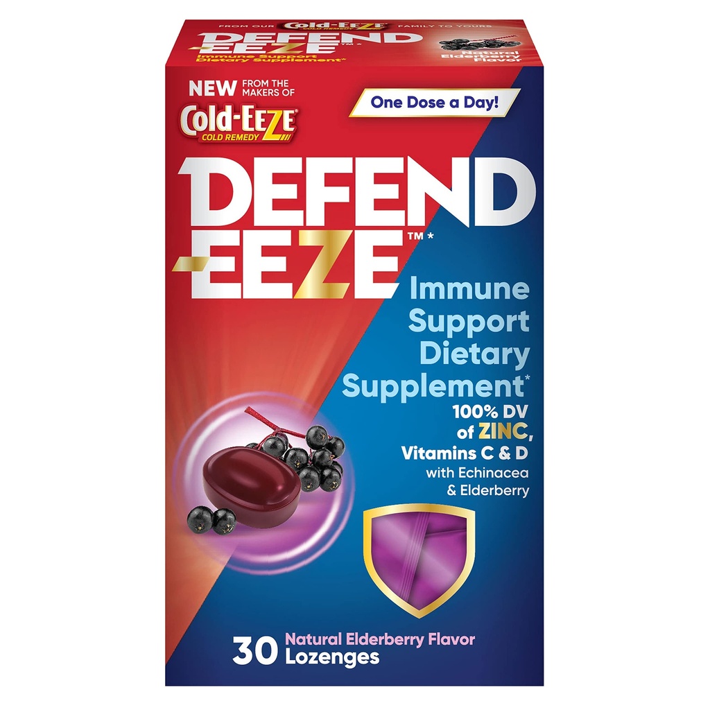 Defend-EEZE Immune Support Dieetsupplement Lozenges, 100% dagelijkse waarde van zink, vitamine C & D per dosis, met Echinacea & Vlierbes, Vlierbes smaak, 30 Lozen