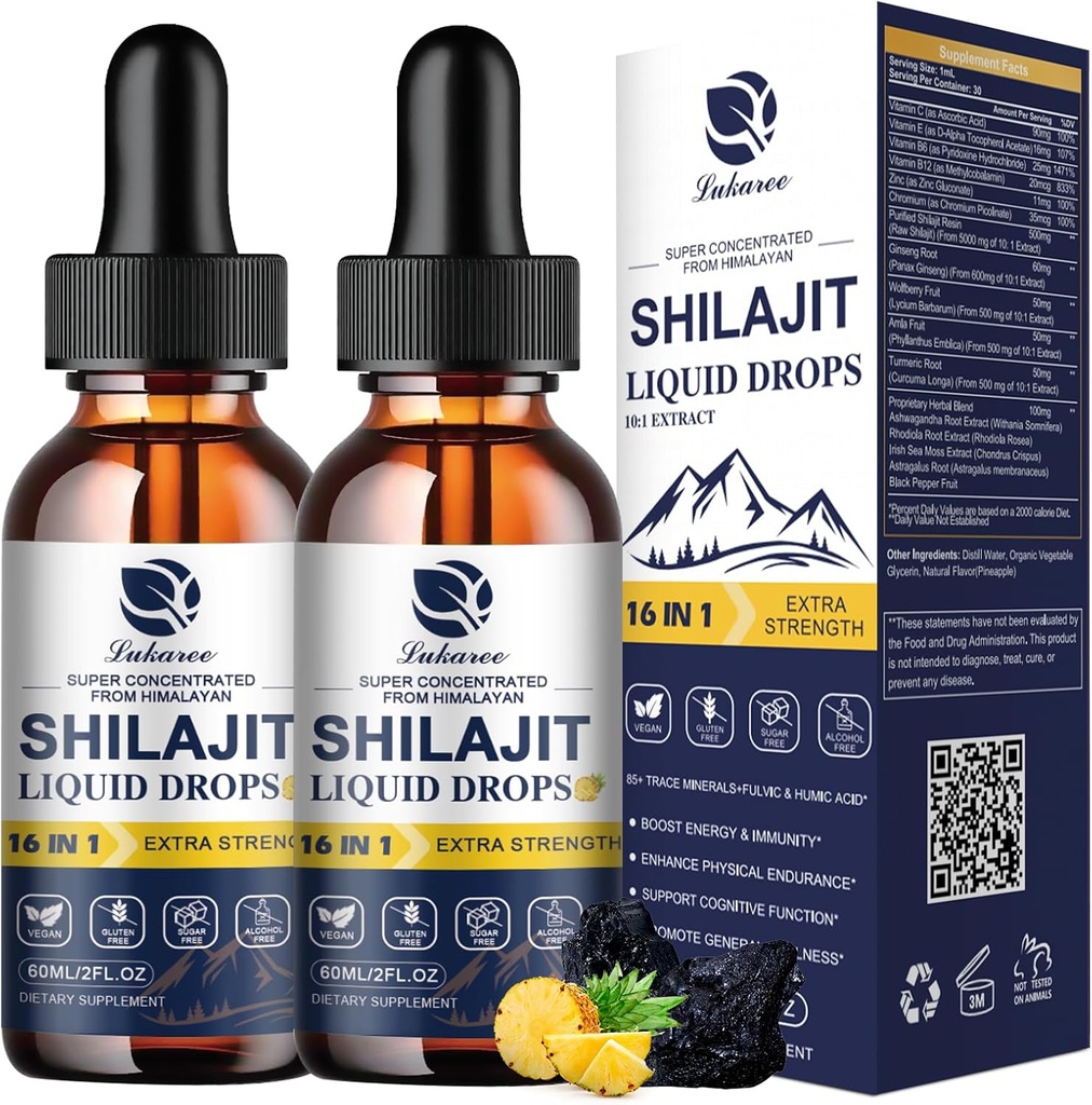 Lukaree 16-in-1 Shilajit Drops for Men and Women, Ashwagandha, Ginseng, Turmeric, Rhodiola, Amla, Sea Moss, Liquid Vitamin Supplement met 85+ Trace Minerals and Fulvic Acid, 2 FL Oz (2 Pack)