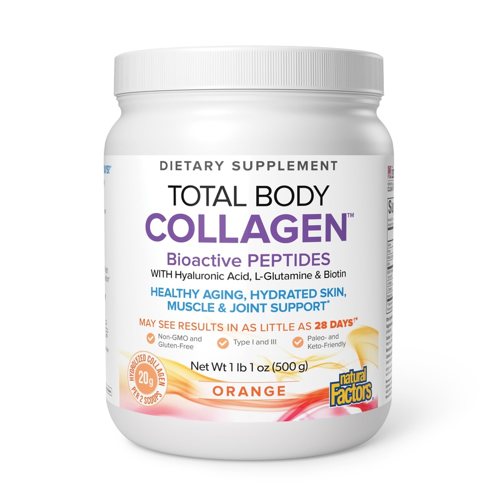 Facteurs naturels, Collagène total du corps, Peptides Bioactifs Poudre pour la peau, les cheveux et les articulations sains, Orange