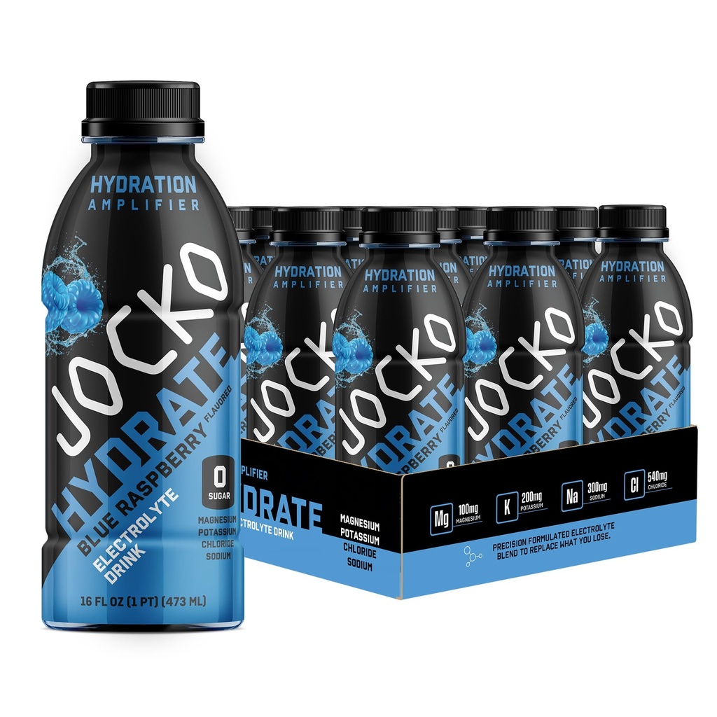 Jocko Fuel Hydrate Electrolyte Dranken - Sport Drink Hydration Amplifier, Dorst Quencher - Wetenschappelijk samengesteld Electrolyte Blend Blue Raspberry 16 Oz (12 Pack)