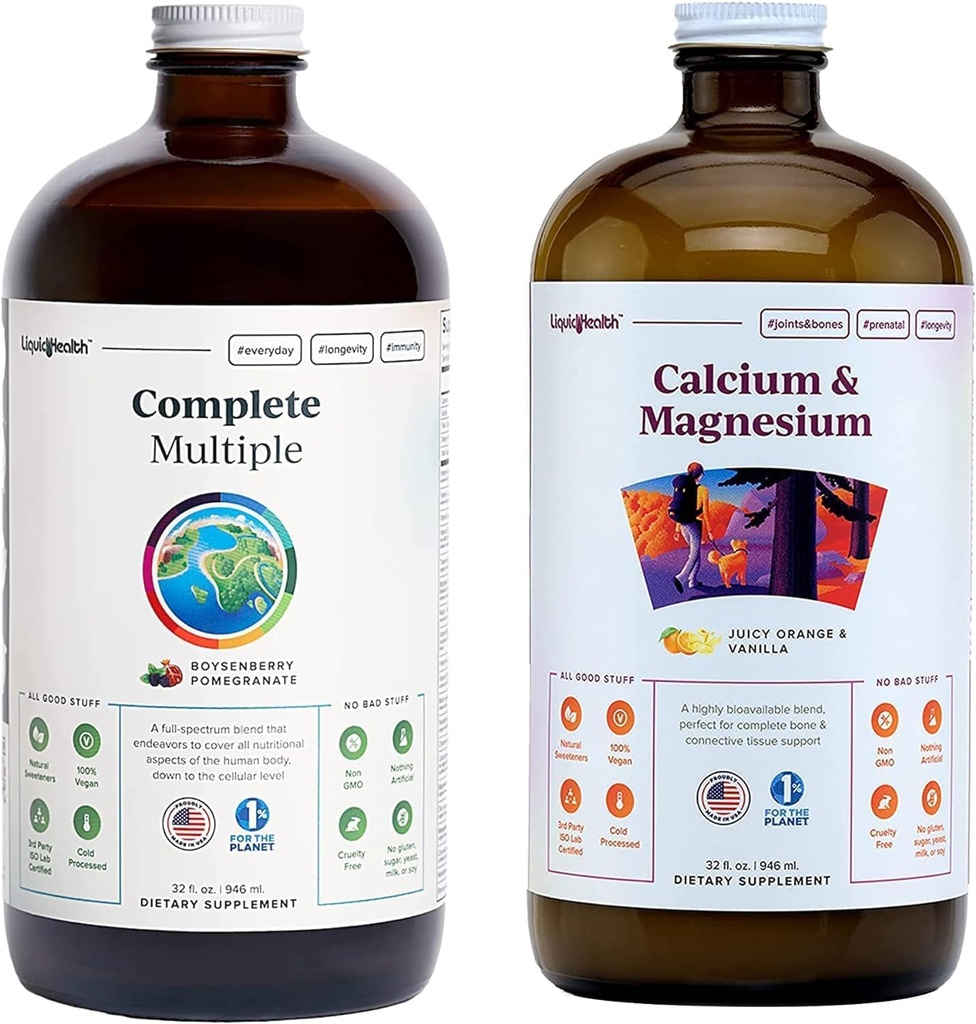 LIQUIDHEALTH Complete Multivitamine & Calcium en Magnesium Liquid Vitamin Bundle for Adults - Whole Body Health, Immune System, Bone & Joint Support - Whole Foods, Vegan, Non-GMO, USA Made