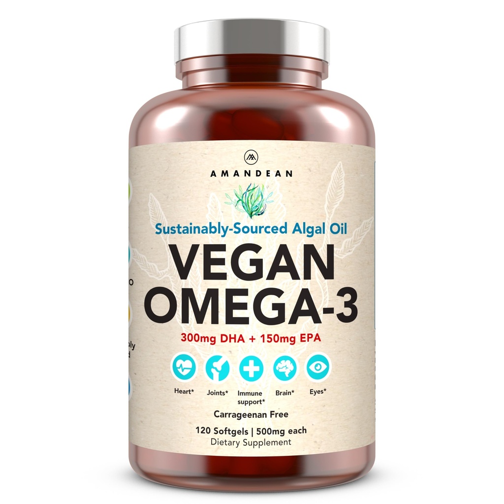 AMANDEAN Vegan Omega 3 Supplement. Premium Fish Oil Alternative. Algen DHA & EPA. Carrageenan Free Softgels. Algal Essentiële vetzuren. Plant gebaseerd hart, hersenen, oog, huid, immuunondersteuning. (120ct)