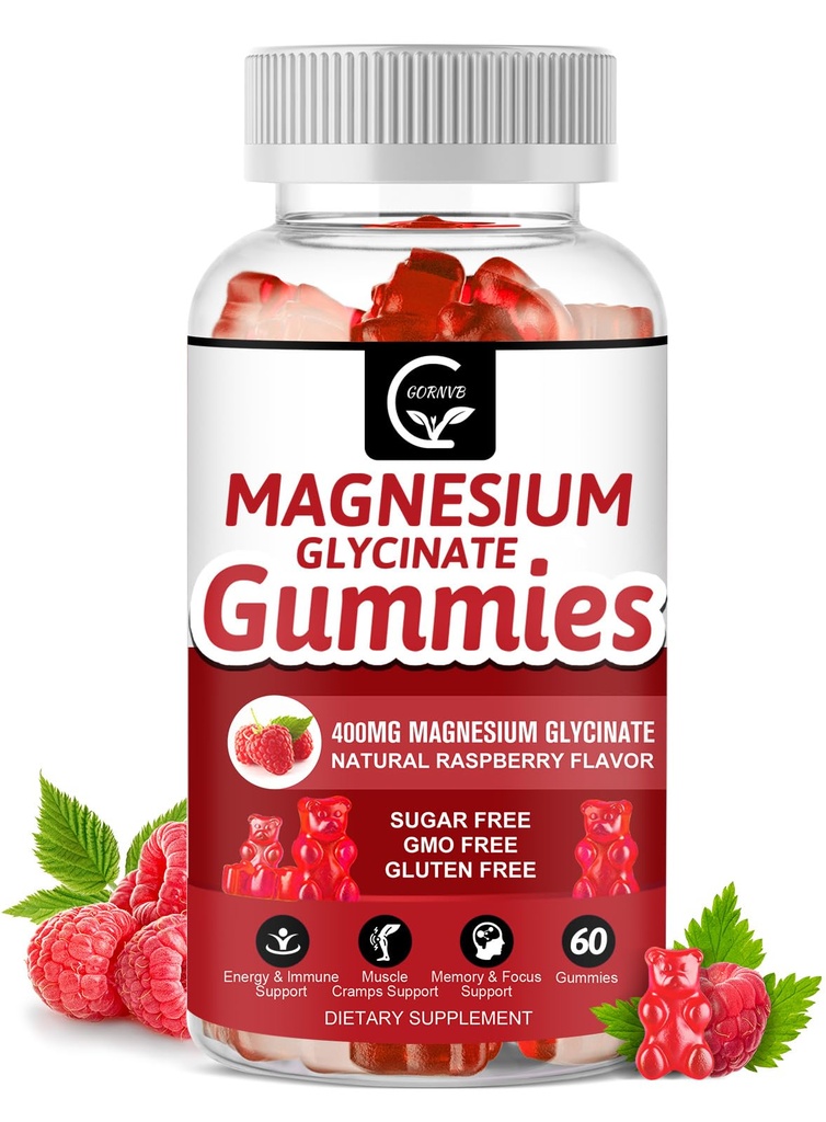 Magnesium Glycinate Gummies 400mg, Mg Kaliumsupplement met chelated Magnesium Malate Complex, Vitamine D, B6, en CoQ10, Ondersteuningen voor geheugen, rust, Mood & Slaap - 60 Tellen (pakket van 1)