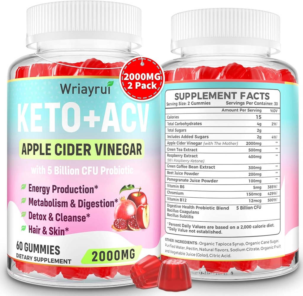 Keto ACV Gummies with Probiotics & Vitamin B12, 2000mg Apple Cider Vinegar Gummies with Mother, for Metabolisme, Digestie, Detox & Cleanse, Sugar Free, Vegan-Friendly, 120 Gummies