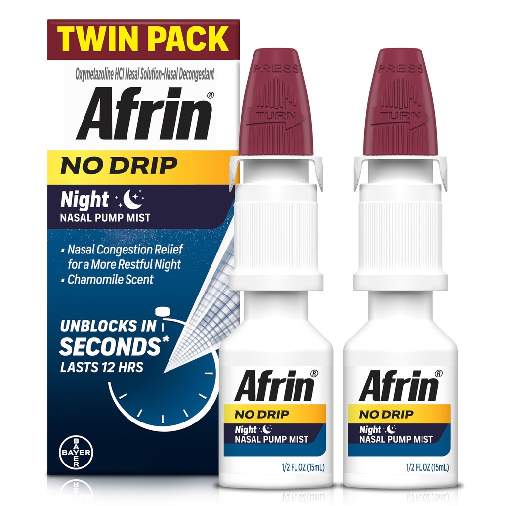 AFRIN No Drip Night Nasal Mist Twin Pack, non somnolent, cognac à action rapide pour dormir repos avec Camomile Scent, adultes et enfants 6 et plus, .5 fl oz (paquet de 2)