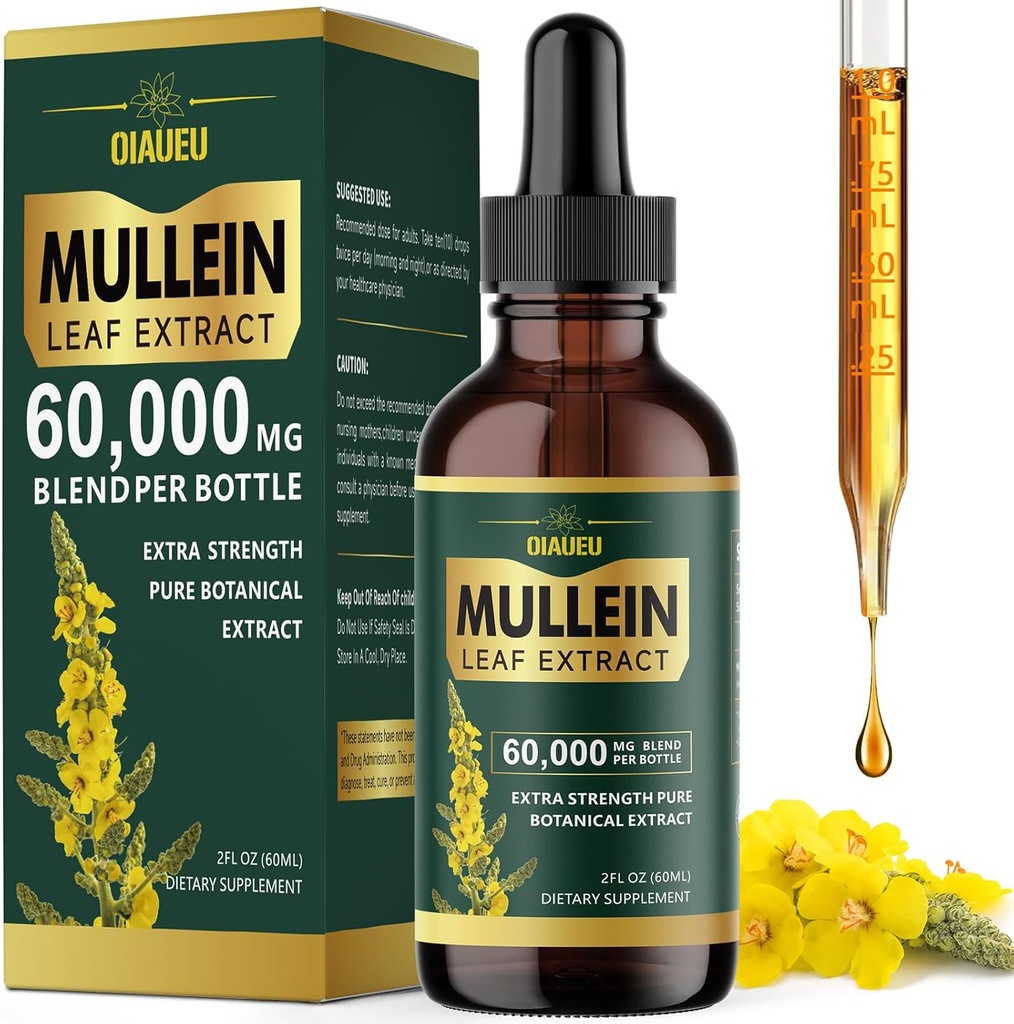 Biologische Mullein druppels voor longen, Mullein blad Tinctuur Ondersteuning Long Reiniging, Natuurlijke Supplement Liquid Extract voor Lung Detox en Respiratory Health, Vegan, 2 fl oz