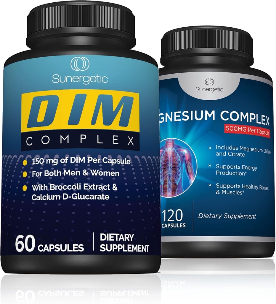Sunergetic DIM Complex Plus Magnesium Complex - Supports Healthy Bones, Muscles & Teeth, Healthy Balance & Relaxation - DIM Complex 60 ct - Magnesium Complex 120 ct