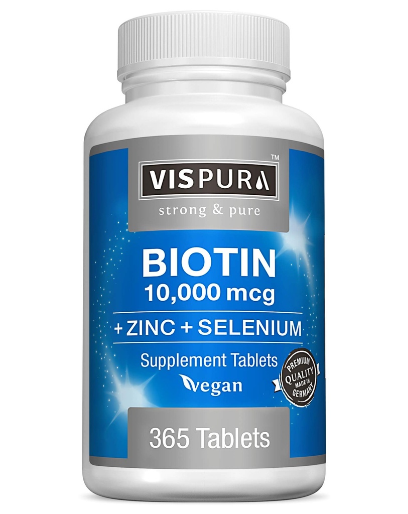Biotin 10000 mcg + zink + selenium, puur, veganistisch en extra sterk, beste supplement voor haargroei, gloeiende huid, sterke nagels*, 365 tabletten voor 12 maanden, natuurlijk zonder toevoegingen