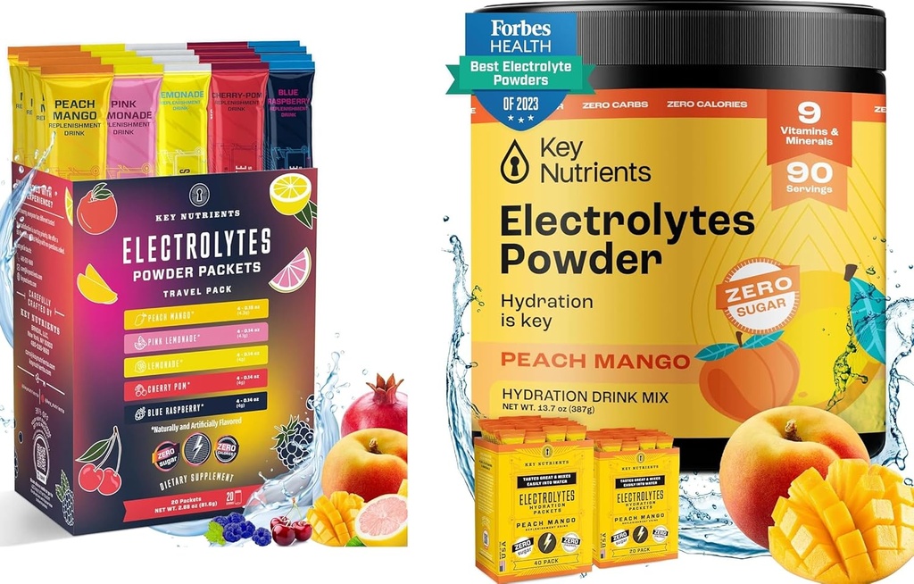 KEY NUTRIËNTEN Ultimate Hydration & Multivitamine Duo: 20-pack varieteit 5 smaken + 90-serven Tropical Peach Mango Electrolytes Powder