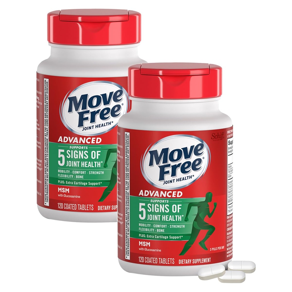 Move Free Advanced Plus MSM gecoate tabletten, Joint Health Supplement met Glucosamine en Chondroitin, 120 Telling, Verpakking van 2