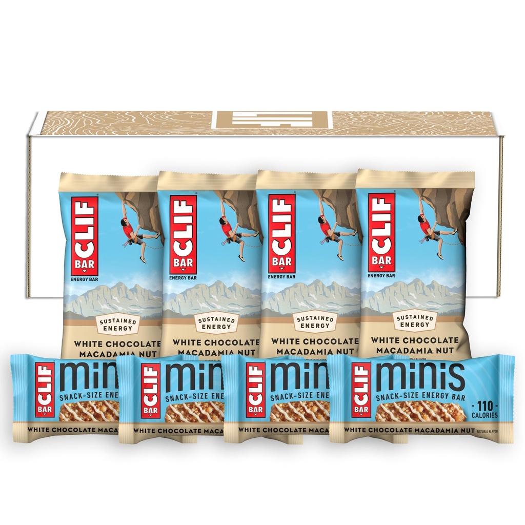 CLIF BAR - White Chocolate Macadamia Nut smaak - Full Size and Mini Energy Bars - Made with Organic Haver - Non-GMO - Plant Based - 2,4 oz. en 0,99 oz. (20 Tellen)