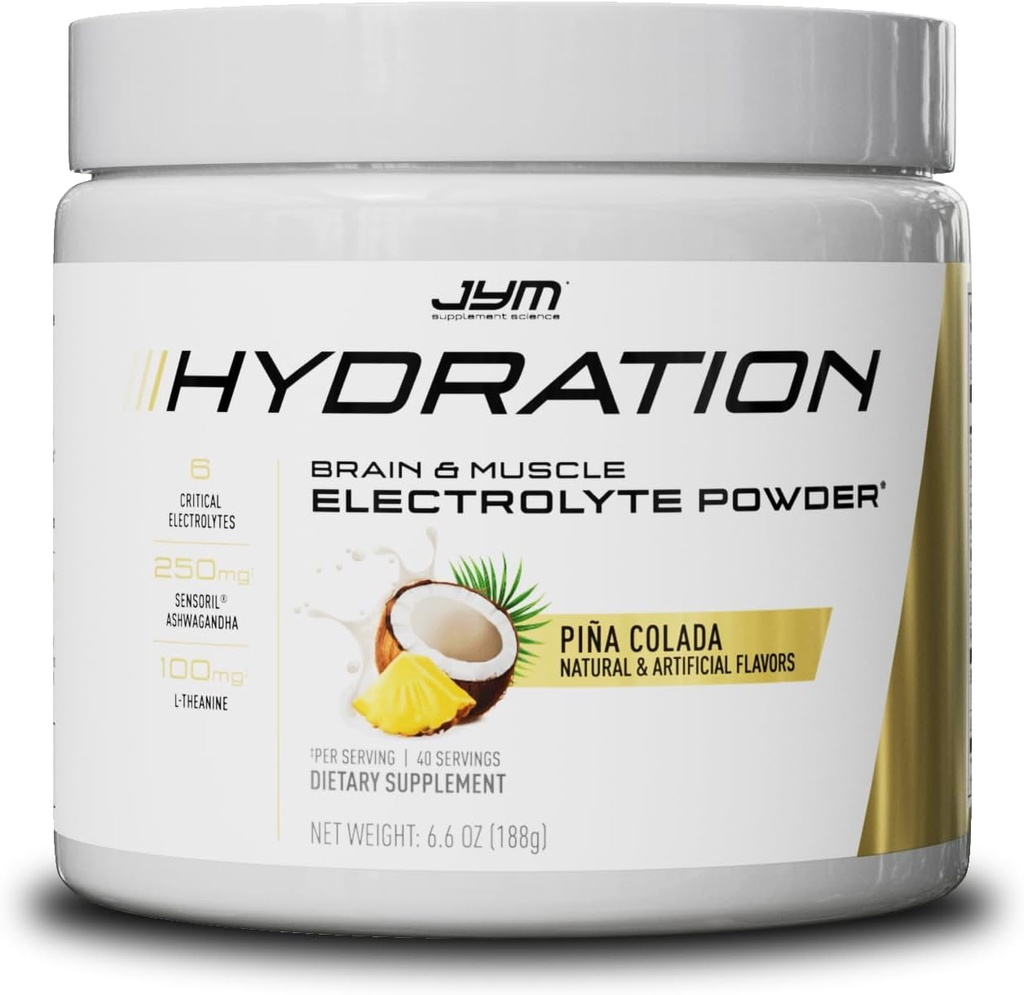 JYM Hydration Pina Colada Powder, Performance Electrolytes, Kalium, Natrium, Magnesium, voor mannen & vrouwen, Theanine, Ashwaghanda, Theanine, 40 Servers