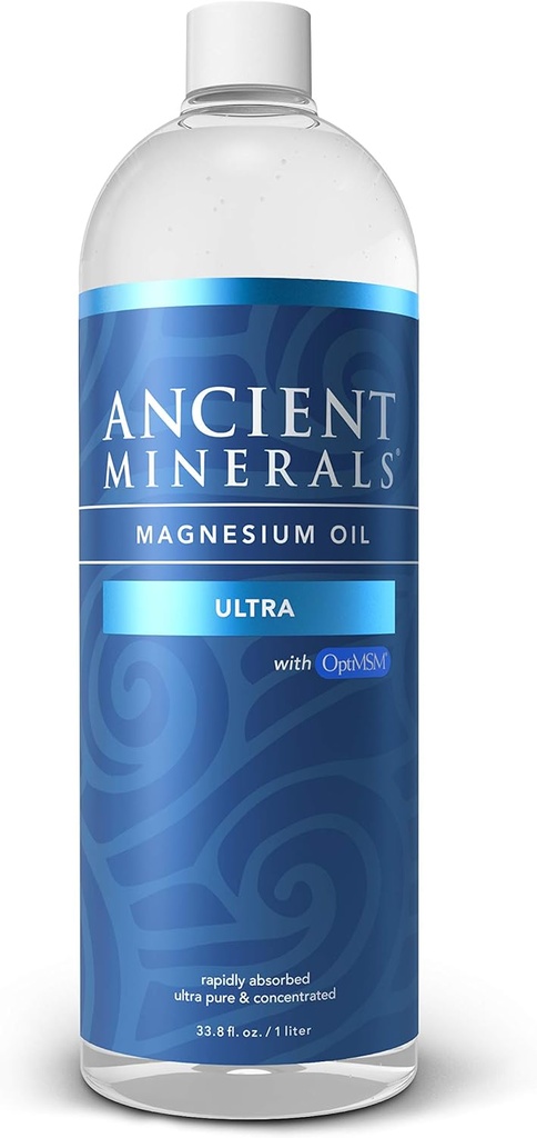 Ancient Minerals Magnesium Oil Ultra with OptiMSM, Refill 33.8 oz. - Pure Genuine Zechstein Magnesium Chloride Supplement with MSM - Best Topical Skin Application for Dermal Absorption