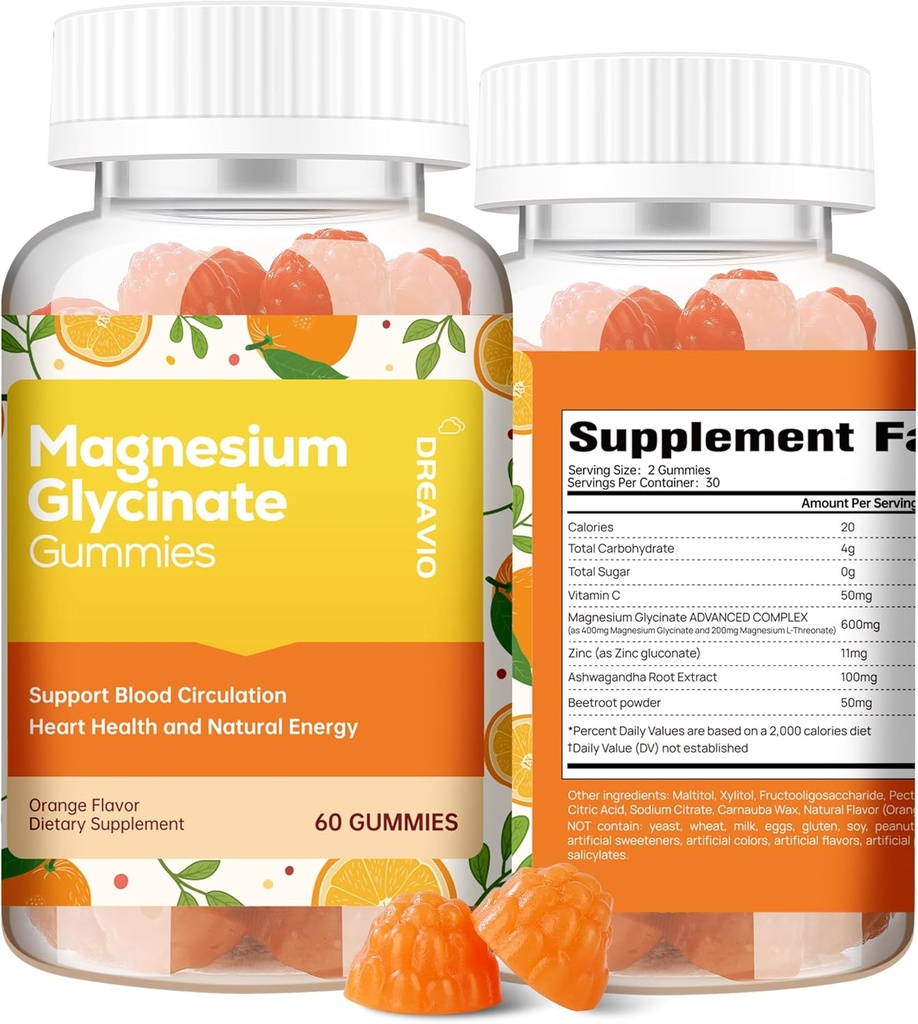 60 Graaf Magnesium Glycinate Gummies 400mg w/Ashwagandha Supplement - Suikervrij Zink Magnesium Glycinate Supplement Ashwagandha Gummies voor volwassenen