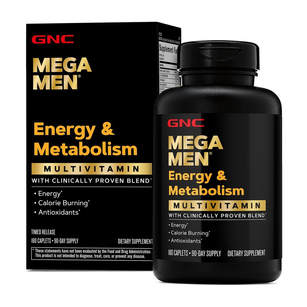 GNC Mega Men Energie & Metabolisme Multivitamine Caplets, klinisch bewezen om beter te voelen, Calorie Burn, Focus, 100mg Cafeïne, Thermogene, Immune, B Vitaminen, Getimed Release, 180 Tellen, 90 Dagen Levering
