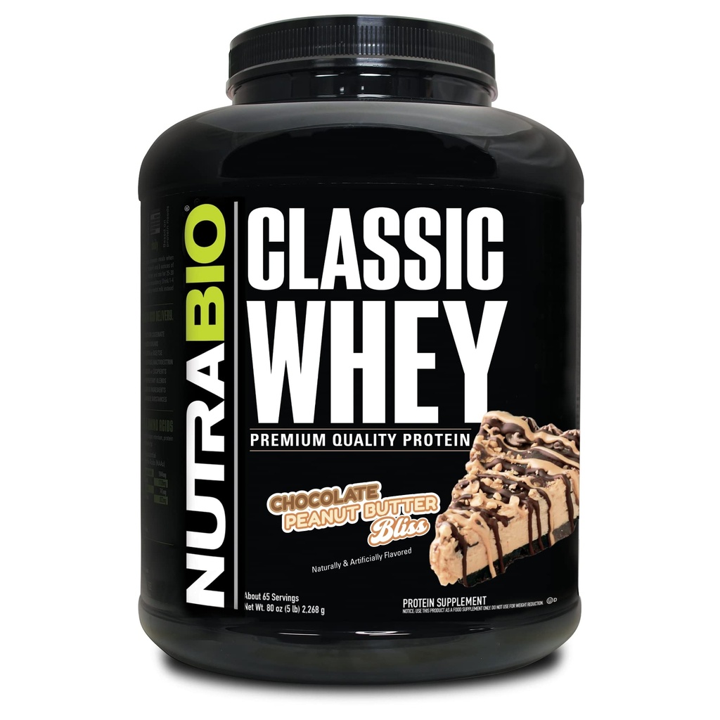 NutraBio Classic Wei Proteïne Poeder- 25G Proteïne per scoop -Geen vullingen, kunstmatige kleuren, conserveringsmiddelen - Lage Glykemie Index - (Chocolaat Pindakaas, 5 pond)