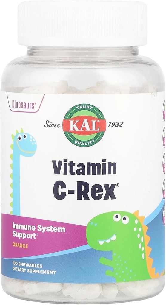 KAL C-Rex Kauwbare vitamine C voor kinderen, Immuun Support Supplement met Bioflavonoïden van Rose HIPS, Rutin & Acerola, Tasty Orange, Fructose Free, Kauwbare tabletten