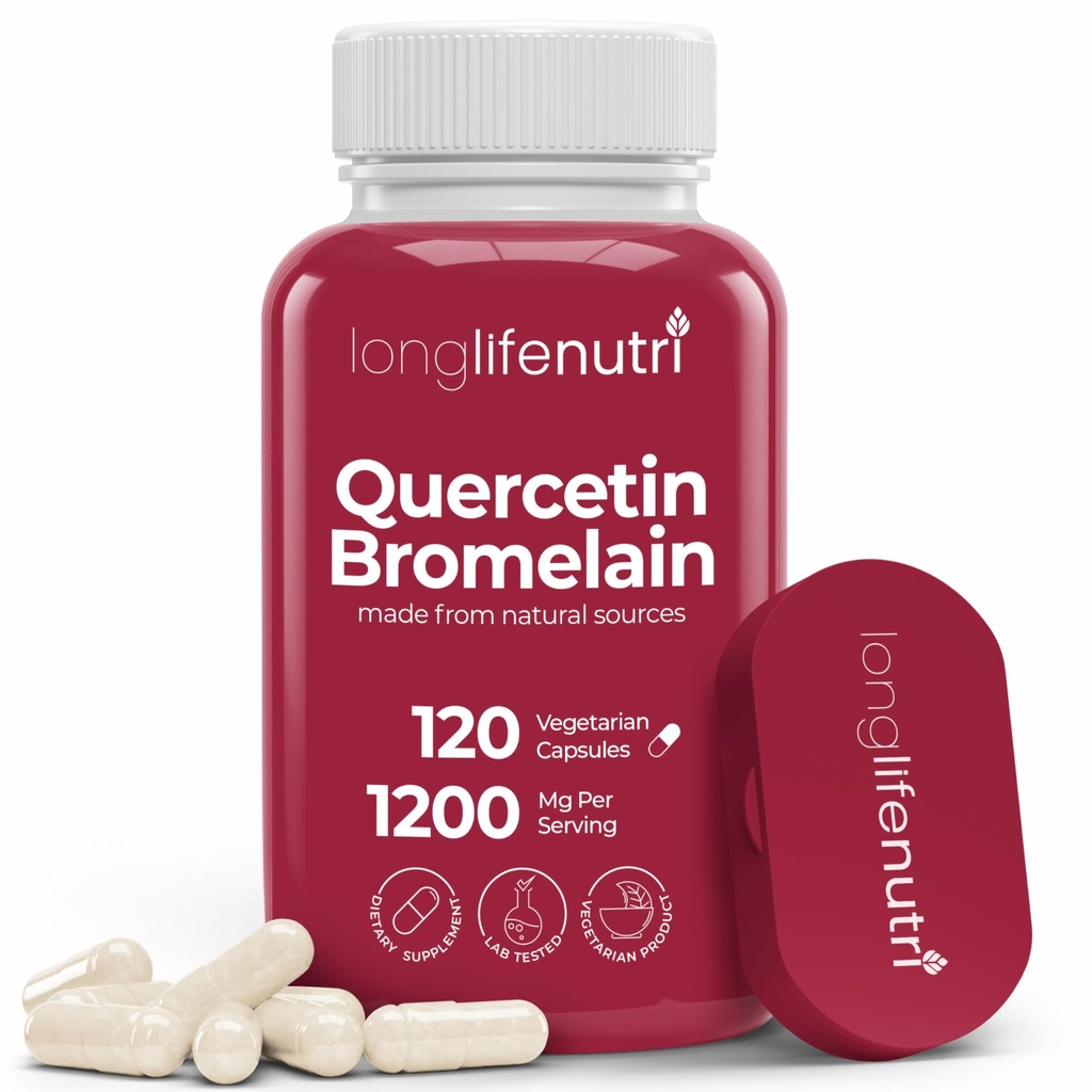 LongLifeNutri Quercetin 1000mg met Bromelain 200mg - 120 Vegetarian Capsules, Organic Dihydrate Complex for Joint Mobility & Respiratory Balance, 2-Maand Supply, GMP Certified, Made in USA