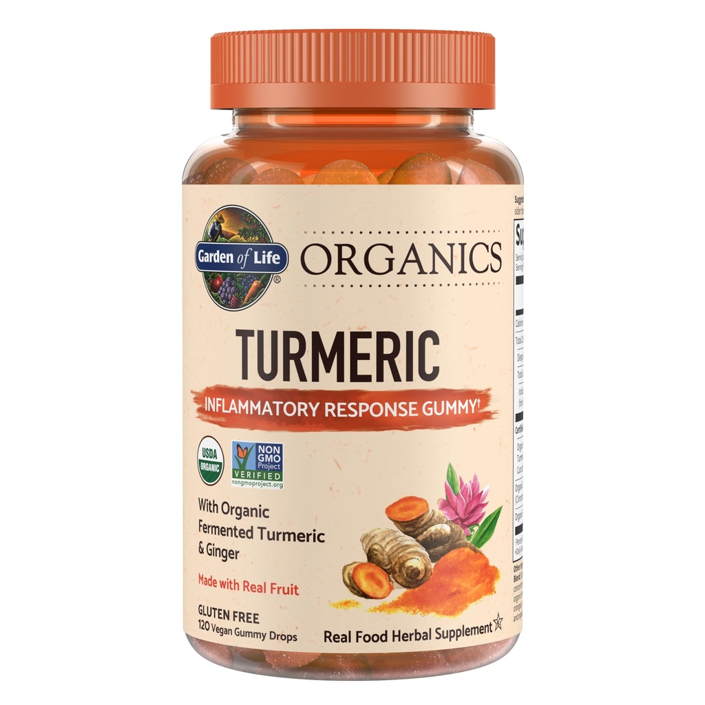 Garden of Life Organics Turmeric Inflammatory Response Gummy - 120 Gummes de fruits réels pour les enfants et les adultes, 50Mg Curcumin (95% Curcuminoïdes), Non ajouté sucre, biologique, non-OGM, végétalien et sans gluten