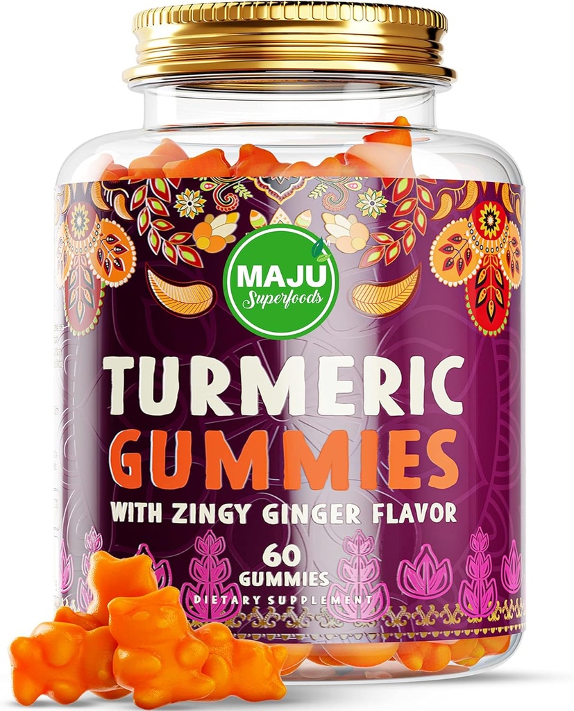 Maju Superfoods Curcumine curcumine gummies 60ct, Zingy Ginger Taste, Extrait de poivre noir pour l'absorption et la puissance améliorées, Gummies curcuma pour adultes et enfants