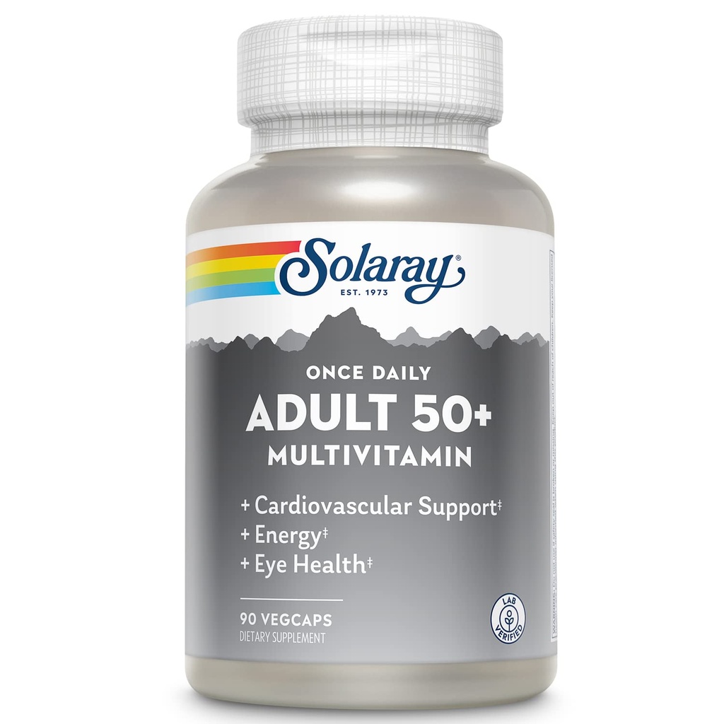 Solaray Once Daily Adult 50+ Complete Multivitamin for Women & Men, Essential Vitamins & Chelated Minerals for Healthy Energy, Heart, Brain & Immune Support, With CoQ10 & Lutein, Iron Free, 90 VegCaps