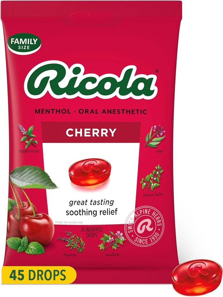Ricola Cherry Throat Drops, 45 Graaf, Dagelijkse Drops Voor Heerlijke Keel Verfrissing, Orale Verdoving, Natuurlijk Gearomatiseerd