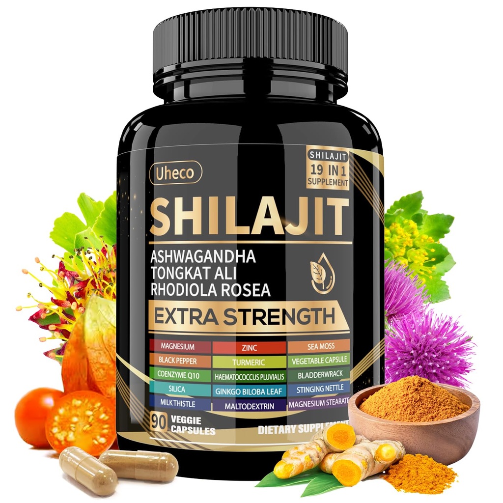 Supplément Shilajit avec la mousse de mer, Ashwagandha, Tongkat Ali - Shilajit Pure Himalaya Capsules d'acide fulvic organique - 90 Compte