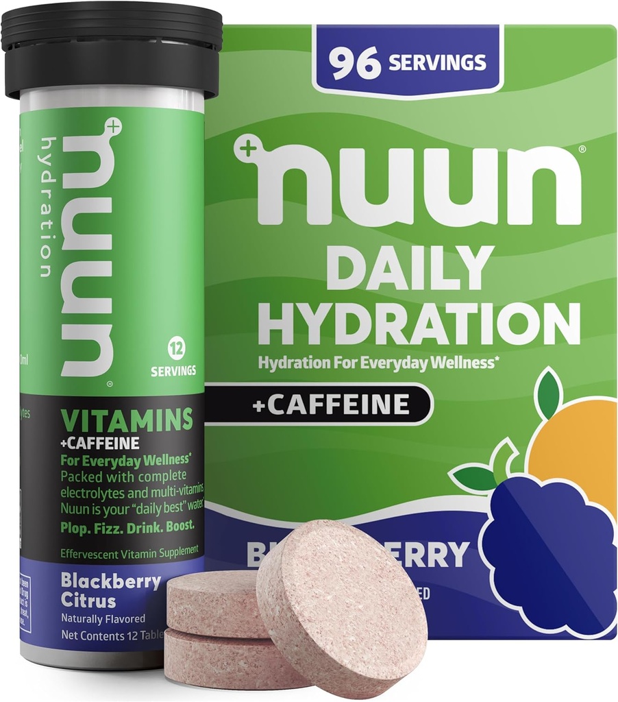 Nuun Vitaminen + Cafeïne-elektrolyttabletten met vitamine D, C, E, A, & B6, Foliumzuur, Magnesium & 4 Andere essentiële elektrolyten, Glutenvrij en veganistisch, Blackberry Citrus, 8 Pack (96 Servings Totaal)