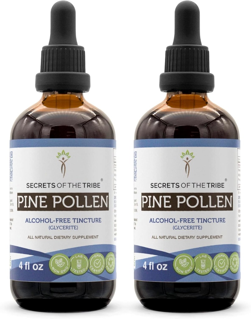 Geheimen van de Stam Pine Pollen Alcoholvrije Tinctuur (Glycerite) 697 mg Wildcrafted Pine Pollen (Scots Pine, Pinus sylvestris) Gedroogde Pollen (2x4 Fl Oz) Testosteron Ondersteuning Supplement