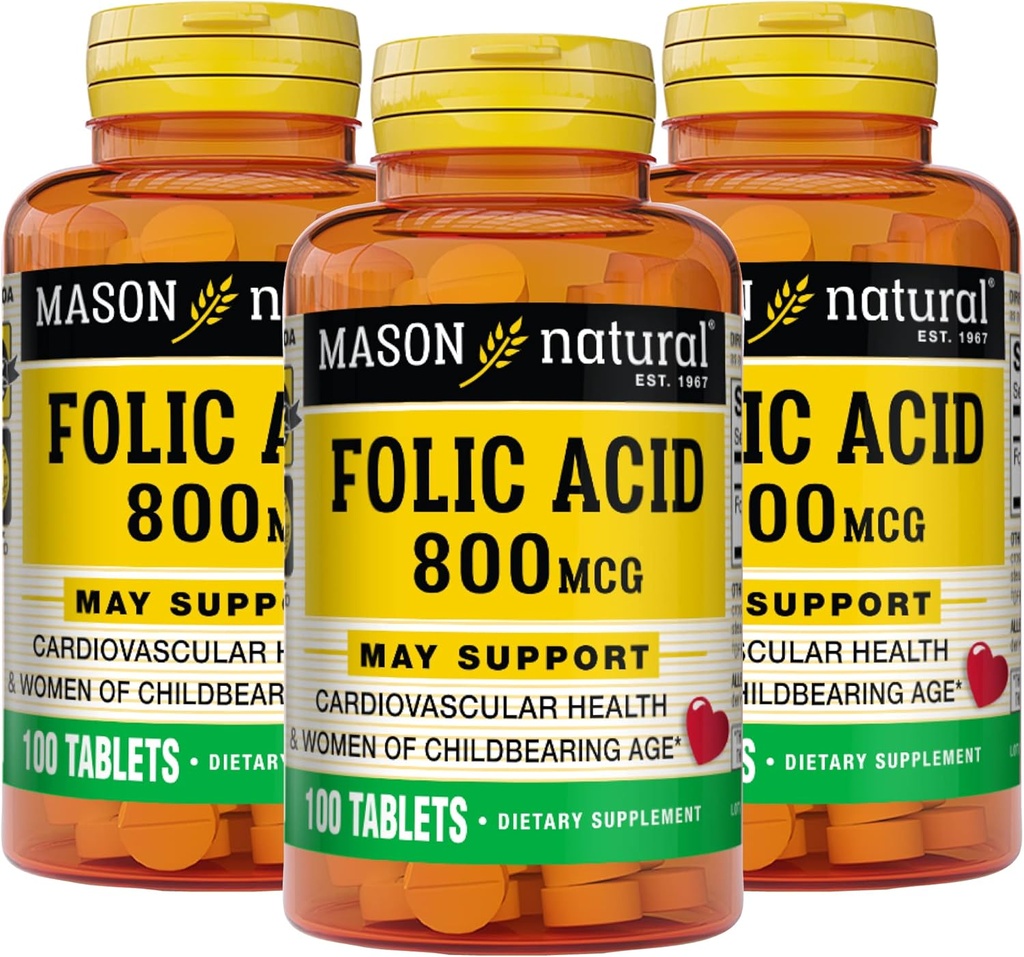 MASON NATUURLIJKE Foliumzuur 800 mcg - Helpt de functie van het zenuwstelsel, Dagelijkse Supplement voor gezondheid, stemming en prenatale zorg, voor vrouwen in de vruchtbare leeftijd, 100 tabletten (pakket van 3)