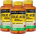 MASON NATUURLIJKE Foliumzuur 800 mcg - Helpt de functie van het zenuwstelsel, Dagelijkse Supplement voor gezondheid, stemming en prenatale zorg, voor vrouwen in de vruchtbare leeftijd, 100 tabletten (pakket van 3)