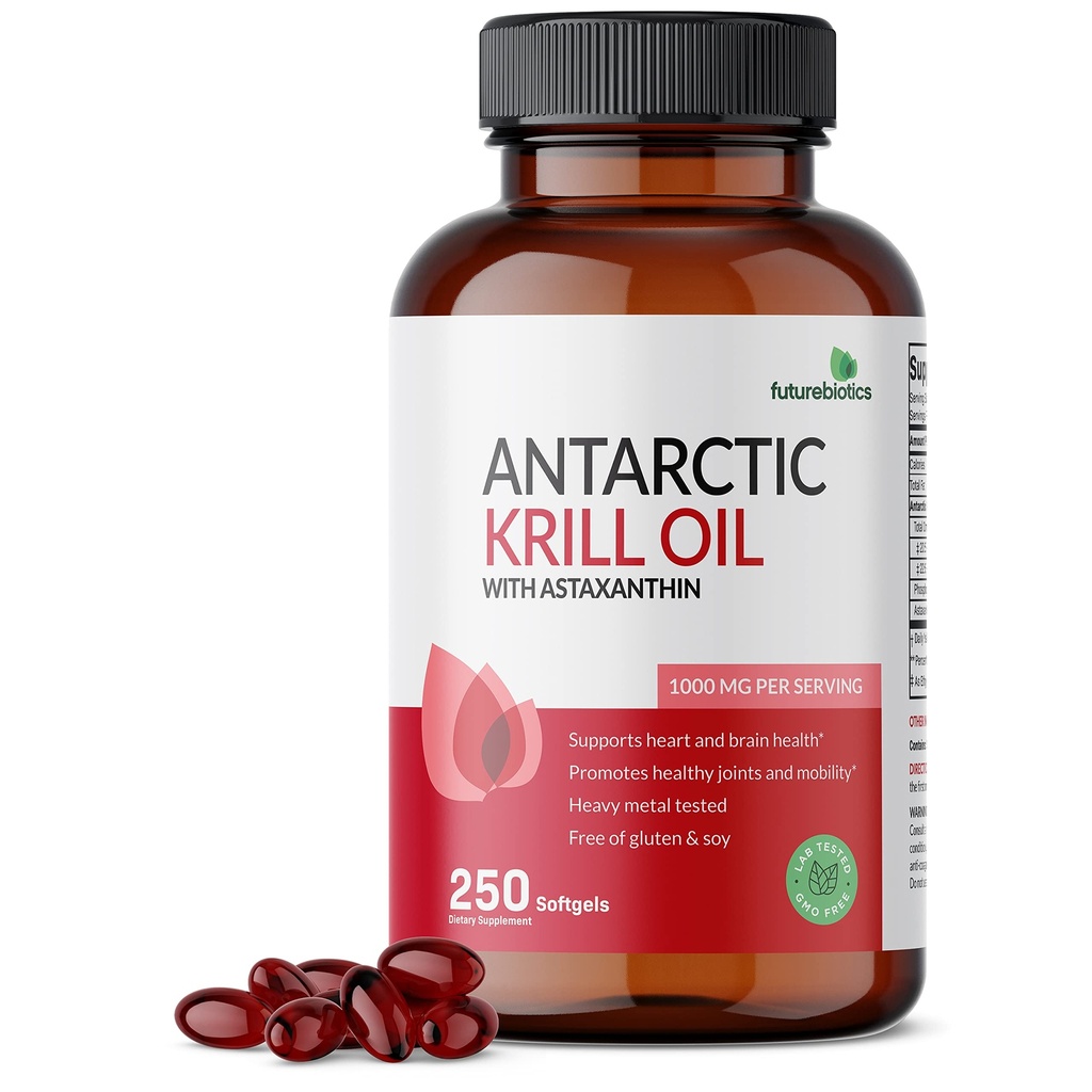 Futuresbiotiques Huile de krill d'Antarctique 1000mg avec Omega-3s EPA, DHA, Astaxanthin et Phospholipides - 100% Pure Premium Huile de krill Métaux lourds testés, non OGM – 250 Softgels (125 portions)