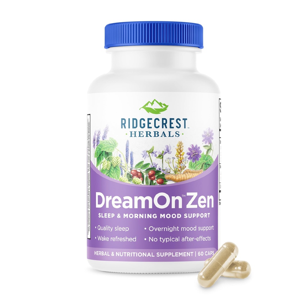 Ridgecrest Kruiden DroomOn Zen, Sleep Support Supplement, Melatonine Free, Magnesium, 5-HTP, Lavendel, Kamille, Valeriaan, Lemon Balm voor volwassenen en kinderen 12+ (60 Caps, 30 Serv)