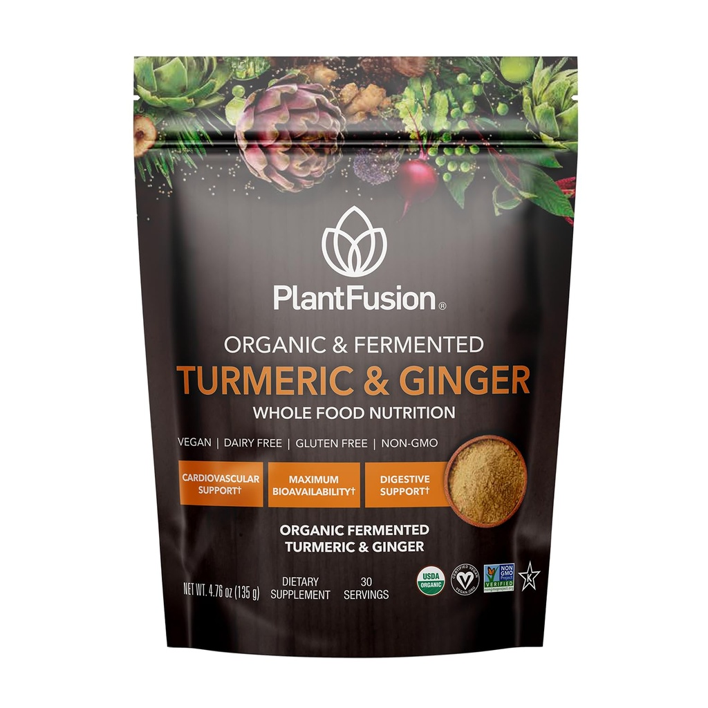 Mélange de curcuma et de gingembre de PlantFusion - Alimentation entière fermentée, supplément à base de plantes poudre avec Curcuminoides - USDA certifié biologique, non-OGM, végétalien, sans gluten, 4,76 oz 30 portions