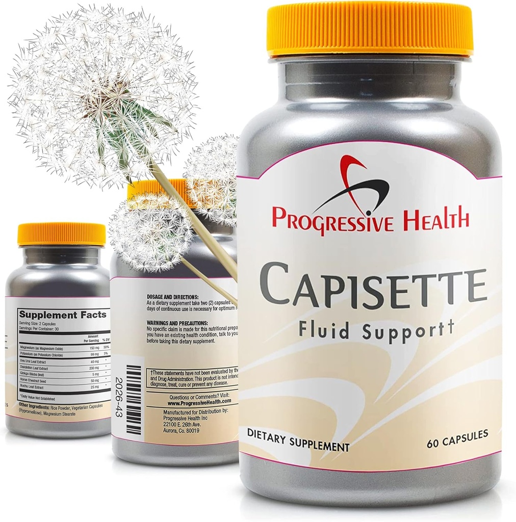 Ondersteuning voor waterretentie van Capisette - vermindert gezwollen voeten, enkels en benen - verminderen Zwelling en vochtretentie van Edema. Omvat: Kalium, Paardenbloemwortel, & Meer-dieetsupplement (60 capsules)