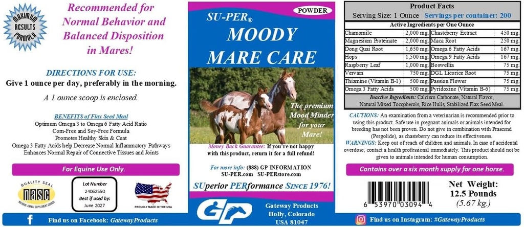 SU-PER Moody Mare Care Powder - Herbal Equine Horse Supplement met Chasteberry & Maca Root - 12,5 lbs