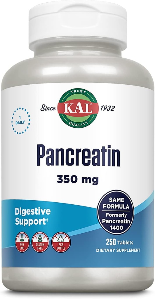 KAL Pancrean 350mg, Digestieve enzymen voor vrouwen en mannen, Pancreatrische enzymen voor Digestieve Gezondheidsondersteuning, Glutenvrij, Non-GMO, Snelle Disintegratie, 60 dagen garantie, 250 porties, 250 tabletten