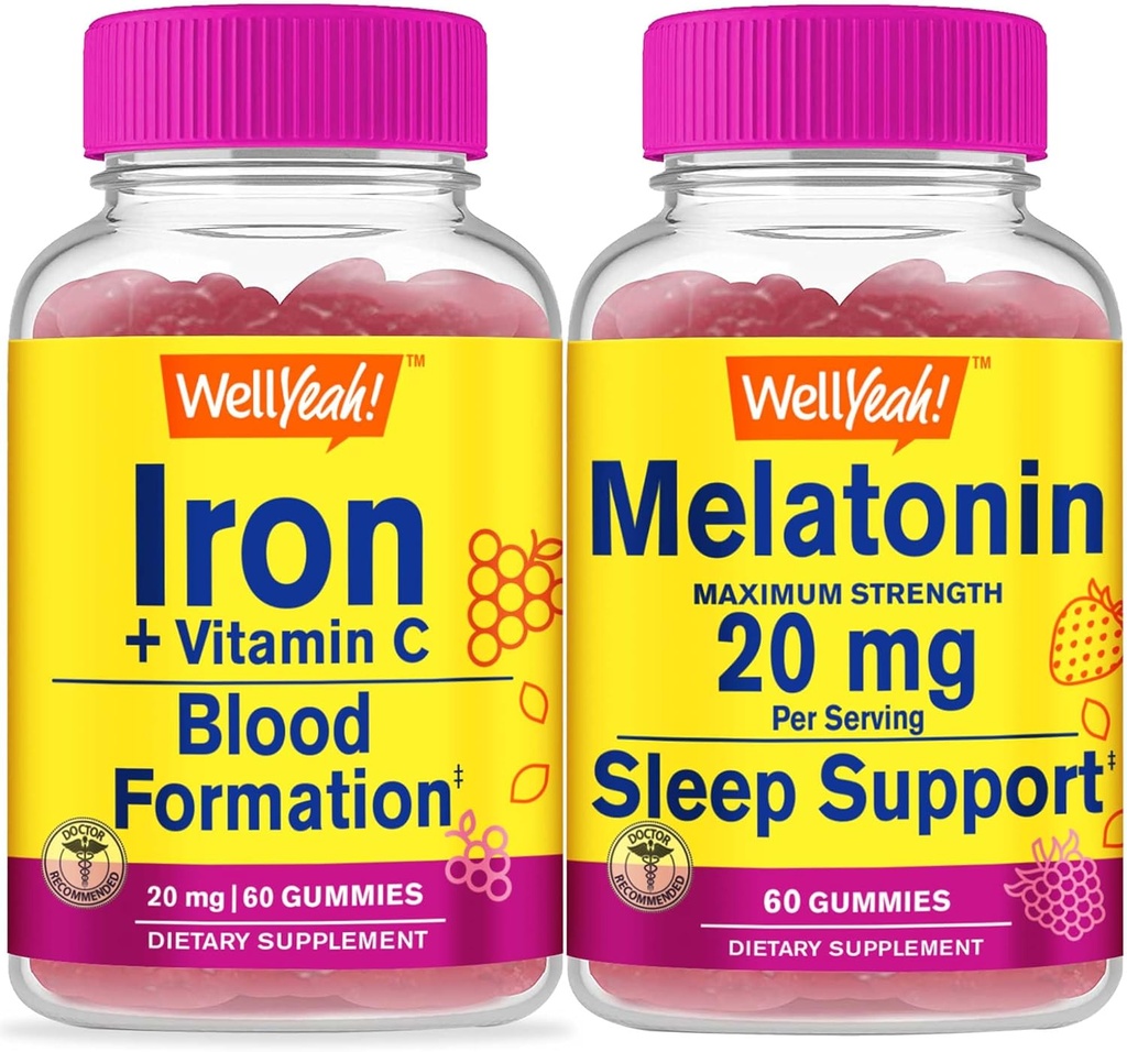 WellYeah Iron+Vitamine C + Melatonine 20mg, Gummies Bundle - Grote Proeverij, Vitamine Supplement, Glutenvrij, GGO vrij, Kauwbare Gummy
