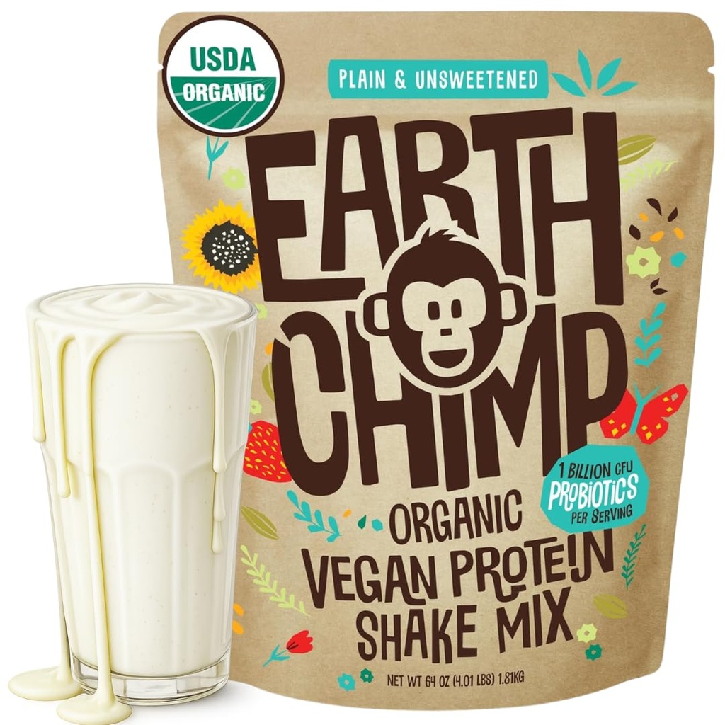 EarthChimp Organic Vegan Protein Powder - with Probiotics - Non GMO, Dairy Free, Non Whey, Plant Based Protein Powder for Women and Men, Gluten Free - 52 Servings, 64 Oz (Plain & Unsweeted)